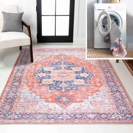 Jonathan Y Maris Ornate Medallion Machine-Washable Terracotta/Navy 5 ft. x 8 ft. Area Rug WSH109A-5