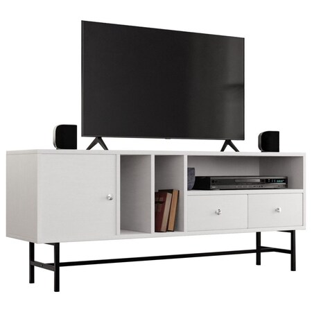Leisuremod Rochester Rectangular TV Stand with Enclosed Storage and Powder Coated Iron Legs, White RTS60W