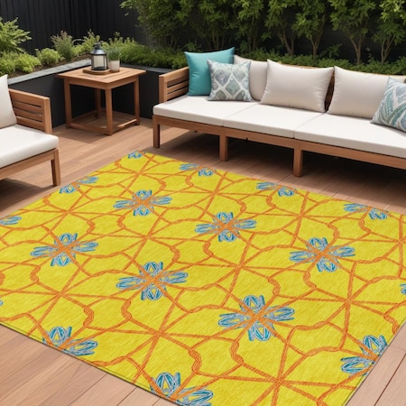 Homeroots 8' X 10' Yellow And Teal Blue Geometric Washable Indoor Outdoor Area Rug 613455