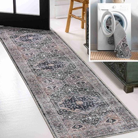Jonathan Y Alacati Ogee Medallion Non-Slip Machine-Washable Dark Green/Dark Beige 2 ft. x 8 ft. Runner Rug WSH103B-28