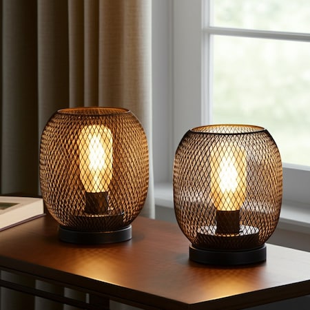 Homeroots Set of Two 7" Black Metal Lantern Bedside Lamps With Black Lattice Cage Shade 533270
