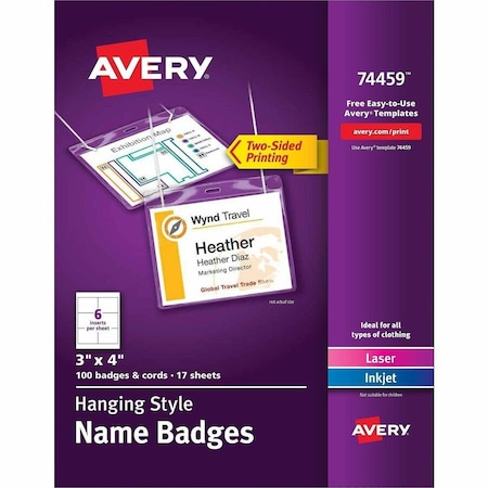 Avery Hanging Style Name Badges, 3" x 4", Clear, 100/Box 74459