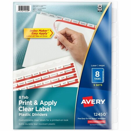 Avery Dennison Avery Index Maker Easy Apply Clear Label Divider, Blank, 8.5"x11", 8 Tabs, 5 Sets, White/White 12450