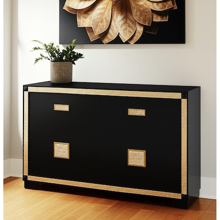 Homeroots 62" Black And Gold Faux Crystal Bling Wood Six Drawer Double Dresser 564668