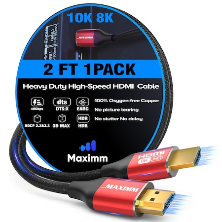 Maximm 2ft 8K 60Hz 48Gbps HDMI 2.1 Braided Cable, Red KIT-8K-HDMI-2FT-RD1PK