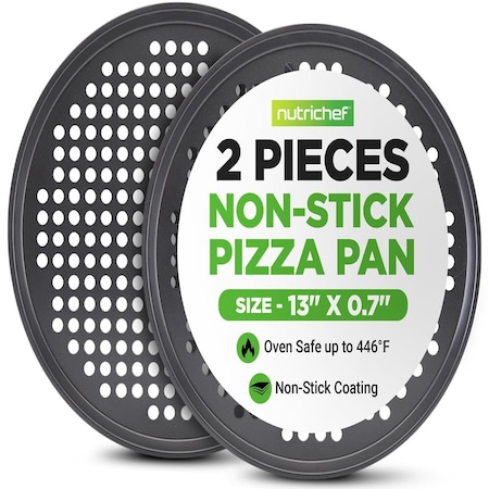 Nutrichef 2-Pack 13 in Non-Stick Pizza Pans, Round Pizza Pans for Oven, Commercial-Grade Carbon Steel, 2PK BKNCBS10SPZPX2