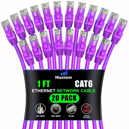 Maximm Cat6 Ethernet Cable 1ft 10Gbps 550MHz UTP, 20PK, Purple, 20PK CAT6CCA-1PU-20PK