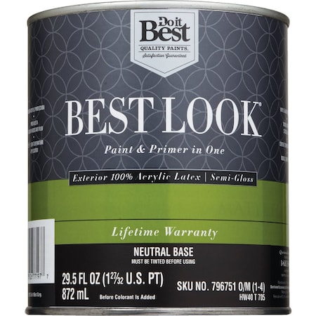 Do It Best 100% Acrylic Latex Premium Paint & Primer In One Semi-Gloss Exterior House Paint Neutral Base 1 Qt. HW40T0705-14