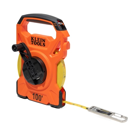 Klein Tools 100-Foot Open Reel Tape Measure with Single Hook and Carabiner 94100RT
