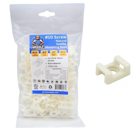 Grizzly Supply Cable Tie Saddle Mount, Mounting Base, No. 10 Screw, Nylon 6/6, Natural, 100PK GS-CTM10-9C