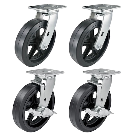 Hyw Products Heavy Duty Caster Set 8in Rubber on Cast Iron Wheels, 2 Swivel & 2 Swivel with Brake, 4PK 40-80S-A1-RC-2,40-80S-A1-RC-TB-2