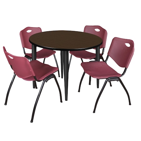 Regency Round Kahlo Breakroom Table W/ 4 M Stack Chairs, 36 in W, 36 in L, Neo Walnut TPL36RNDNWBK47BY