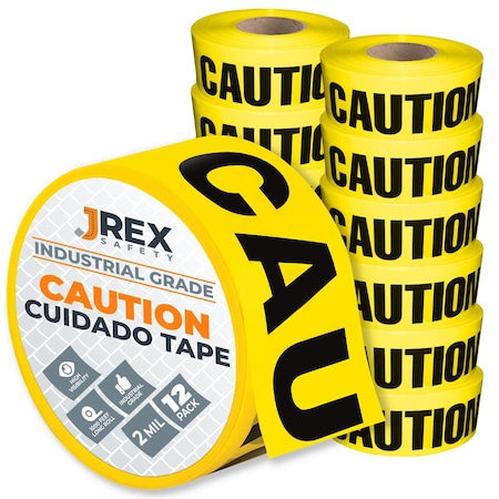 Jrex Safety Caution/Cuidado Tape Roll - 1000 Ft x 3 Inch Wide Each - Yellow, 12PK PCCT-JR-12PK