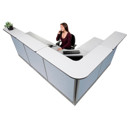 Global Industrial Interion L-Shaped Reception Station w/Raceway 116"W x 80"D x 46"H Gray Counter Blue Panel 249011NGB