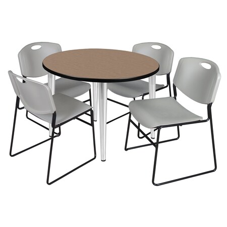 Regency Round Kahlo Breakroom Table W/ 4 Zeng Stack Chairs, 42 in W, 42 in L, Noble Oak TPL42RNDNOCM44GY