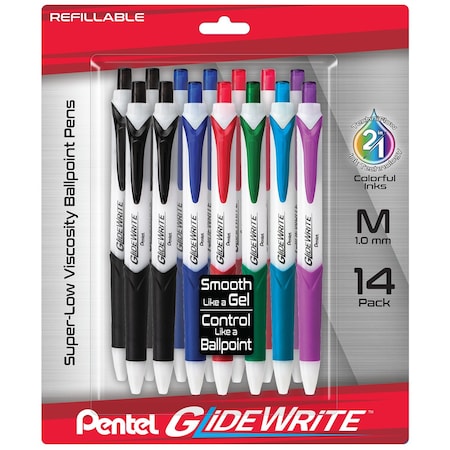 Pentel GlideWrite Ballpoint Pen with TechniFlo Ink, (1.0mm) Medium Line, Assorted Ink, 14PK BX910BP14M