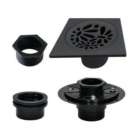 Kingston Brass 4" Brass Square Grid Shower Drain with Hair Strainer and Base Flange, Matte Black BSFK6360MB