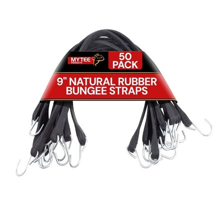Mytee Products 50PK 9in Natural Rubber Tarp Bungee Straps w/Crimped S Hooks Tie Down Cords RS-9C-N