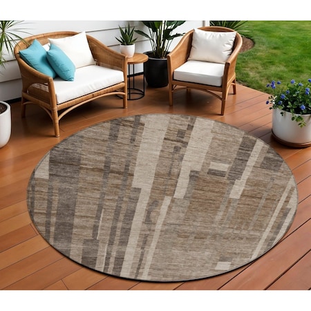 Homeroots 8' Brown And Beige Round Striped Washable Indoor Outdoor Area Rug 602763