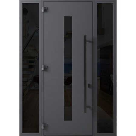Vdomdoors Front Exterior Prehung Steel Door Ronex0130 Grey 96 2 Sidelight Exterior Windows Sidelites Entry RONEX0130EXD-GRE-W14+36+14xH96-RH-I