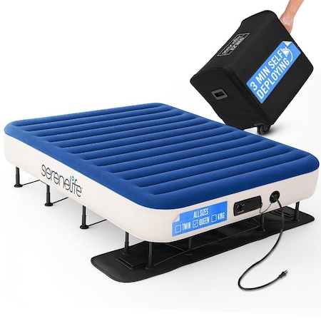 Serenelife EZ Bed Air Mattress with Frame and Rolling Case, Self-Inflating Airbed with Built in Pump for Travel SLEZBDQN20