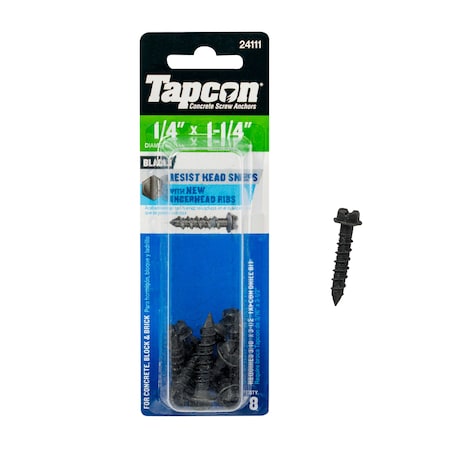Tapcon 1/4 x 1-1/4 in Black Hex Head Concrete Anchors Corrosion Resistant Climaseal Coating, , 8PK 24111