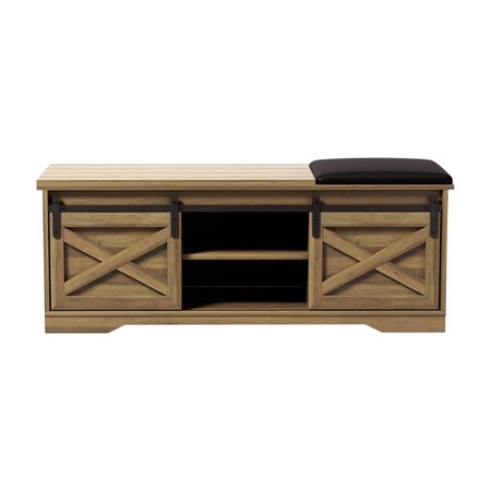 Homeroots 47" Black and Natural Faux Leather And Wood Bench With Shoe Storage And Shelves 644524