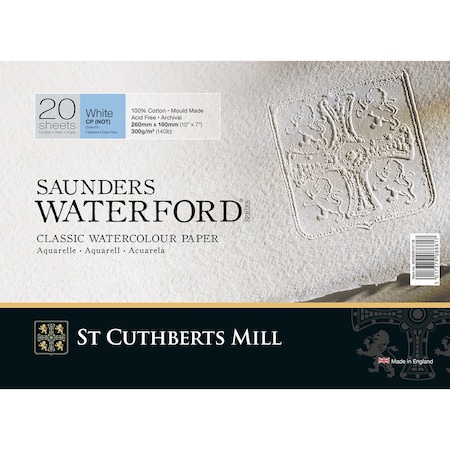 St Cuthberts Saunders Waterford Watercolor Block, Cold Pressed, White, 140lb/300gsm, 20 Sheet, 10x7 inch T46330001011B