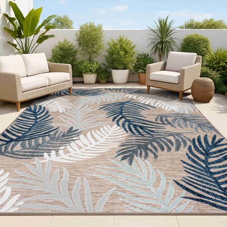 Jonathan Y Montego High-Low Tropical Palm Brown/Navy/Ivory 4 ft. x 6 ft. Indoor/Outdoor Area Rug HWC101B-4
