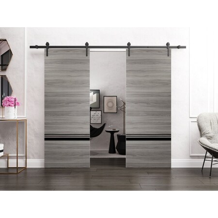 Sartodoors Sturdy Double Barn Door with Hardware, Planum 0012 Ginger Ash and Aluminum Strips, 13FT Rail Hanger PLANUM0012DB-GA-36