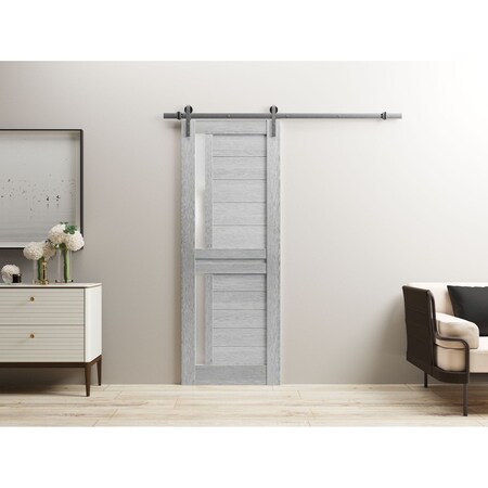 Sartodoors Sturdy Barn Door 24 x 80in, Light Grey Oak W/ Frosted Glass, SS 6.6FT Rail Hangers Heavy Set VEREGIO7288BD-S-OAK-24
