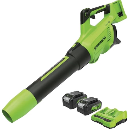 Greenworks 24V, 2 x 24V 585 CFM 140 MPH Axial Leaf Blower with, 2 4.0 Ah Batteries & Charger 2419302