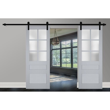 Sartodoors Sturdy Double Barn Door with Frosted Glass Grey 64x96 (2* 32x96) Solid Core Modern Interior VEREGIO7339DB-GRE-6496