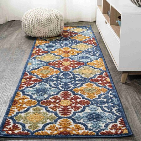 Jonathan Y Cassis Ornate Ogee Trellis High-Low Blue/Multi 2 ft. x 8 ft. Indoor/Outdoor Runner Rug AMC105A-28