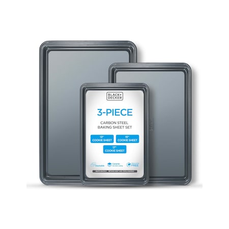 Black & Decker 3-Piece Carbon Steel Baking Sheet Set, Includes 13'', 15'', 17'' Cookie Sheets for Baking,  BDK402B