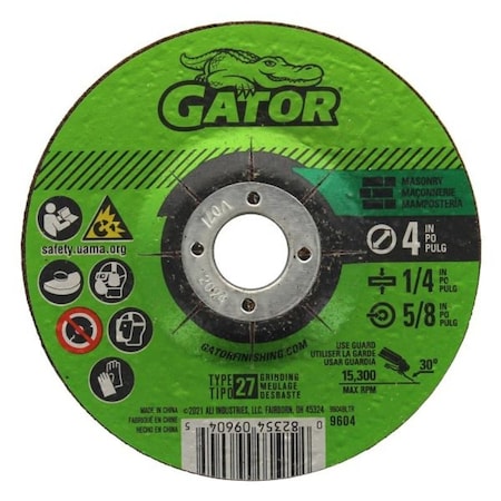 Gator Grinding Wheel, 4 in Dia, 1/4 in Thick, 5/8 in Arbor, Aluminum Oxide Abrasive 9604