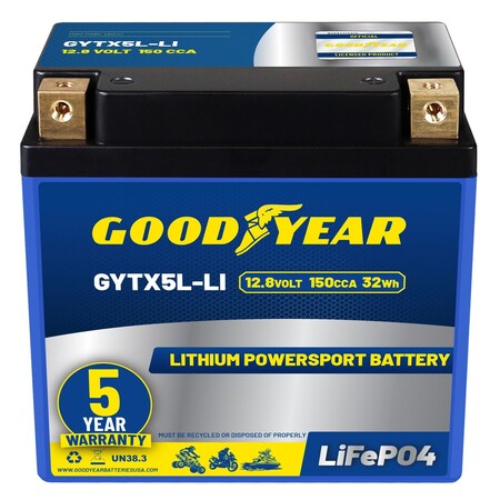 Goodyear GYTX5L-LI Lithium LiFePO4 12.8V 150CCA Rechargeable High Performance Powersport Battery GY4148415