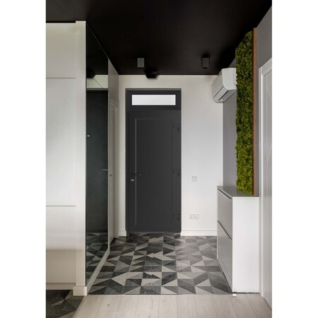 Vdomdoors Front Exterior Prehung Metal-Plastic Door, Manux 8111 Matte Black, Top Sidelite Transom, Office Com MANUX8111EXD-BLK-W36xH80+14-LH