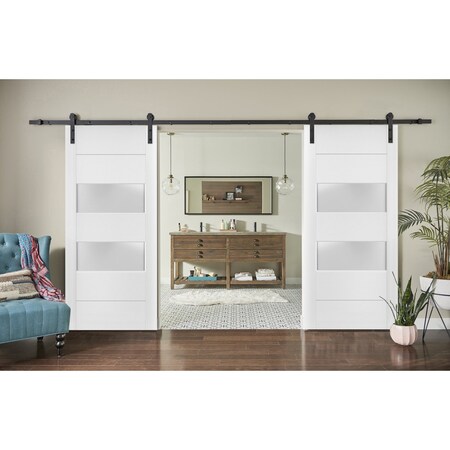 Sartodoors Sturdy Double Barn Door with 2 lites, Lucia 4010 White Silk with Frosted Glass, 13FT Rail Hangers H LUCIA4010DB-WS-36
