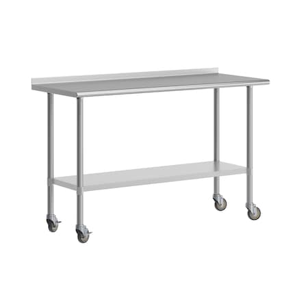 Flash Furniture Reese Work Table, Stainless Steel Top Shelf, 1.5in. Backsplash, Undershelf, 4 Casters, 2 Locking NH-WT-2460BSP-CAS-GG