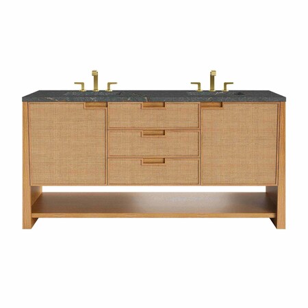 James Martin Vanities Solene 72 in. Double Vanity, Seaside Oak, w/ 3 CM Parisien Bleu Quartz Top D225-V72-SSO-3PBL