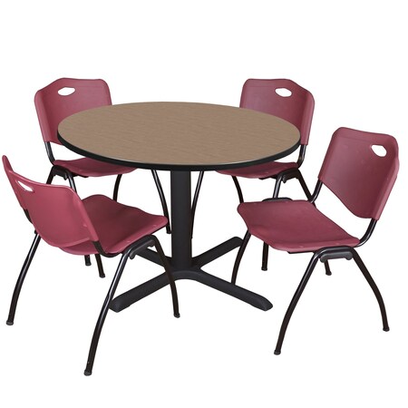 Regency Round Cain Breakroom Table W/ 4 M Stack Chairs, 48 in W, 48 in L, Noble Oak TB48RNDNO47BY