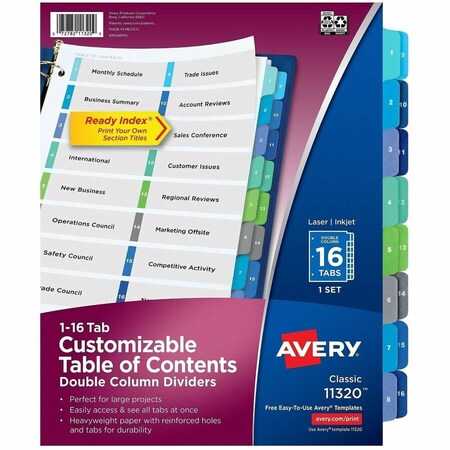 Avery Dennison Avery, CUSTOMIZABLE TOC READY INDEX DOUBLE COLUMN MULTICOLOR DIVIDERS, 16-TAB, LETTER 11320