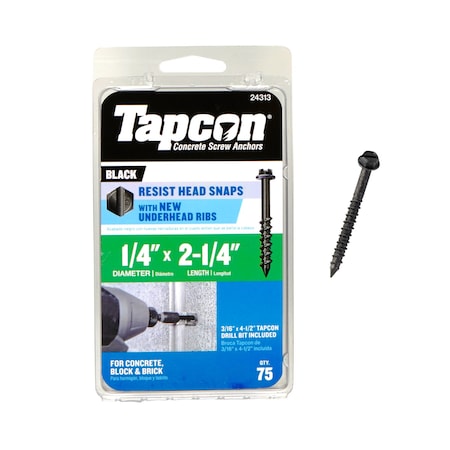 Tapcon 1/4 x 2-1/4 in Black Hex Head Concrete Anchors, 75 PCS, Climaseal Coating, Drill Bit Included, 75PK 24313