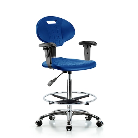 Blue Ridge Ergonomics Erie Poly Chair Chrome, High Bench, Foot Ring, Arms, Chrome Casters, Blue BR-TPHBCH-CR-A1-CF-CC-BLU