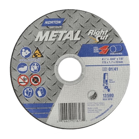 Norton Abrasives Cut-Off Wheel, Type 1, 4 1/2 in Dia, 0.045 in Thick, 7/8 in Arbor Hole Size, Aluminum Oxide 66252840001