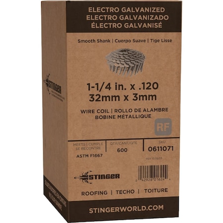 Stinger 1-1/4'' x 0.120'' 15 Degree Wire Weld Electro Galvanized Coil Roofing Nail, 600 Ct. 611071