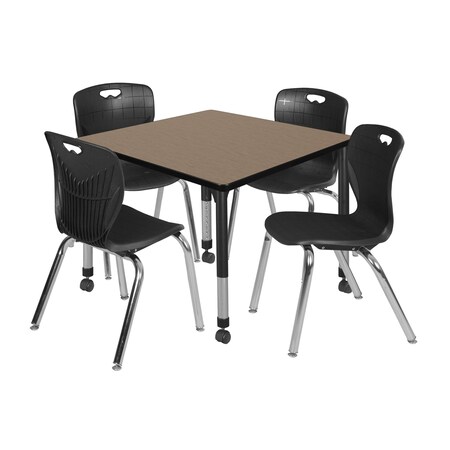 Regency Square Kee Mobile Adjustable Classroom Table W/ 4 Andy Chairs, 42 in W, 42 in L, Noble Oak TB4242NOAPCBK40BK