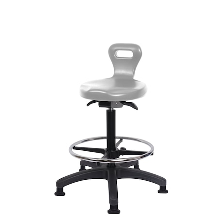 Blue Ridge Ergonomics Poly Serpent Sit-Stand Stool-Medium Bench Ht with Chrome Foot Ring & Stationary Glides in Gray Poly PSPMBSO-RG-CF-RG-GRY