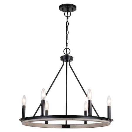 Vaxcel Russel 6 Light Matte Black and Weathered Gray Farmhouse Candle Wheel Chandelier H0274
